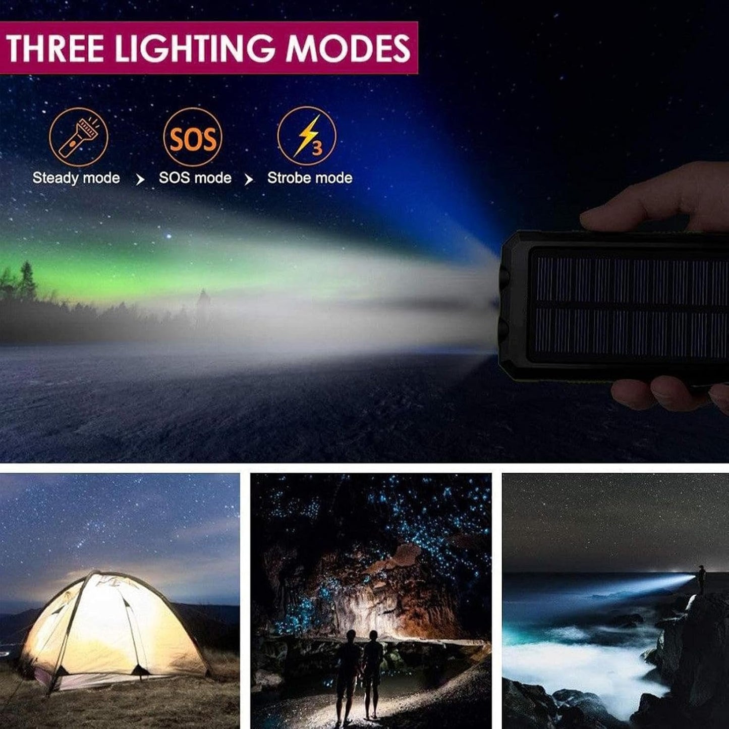 Solar Charger Powered Bank,20000mAh Portable Solar Fast Charger | Waterproof Battery Pack with Flashlight Survival Gear for Hiking, Explorer & Cell Phone