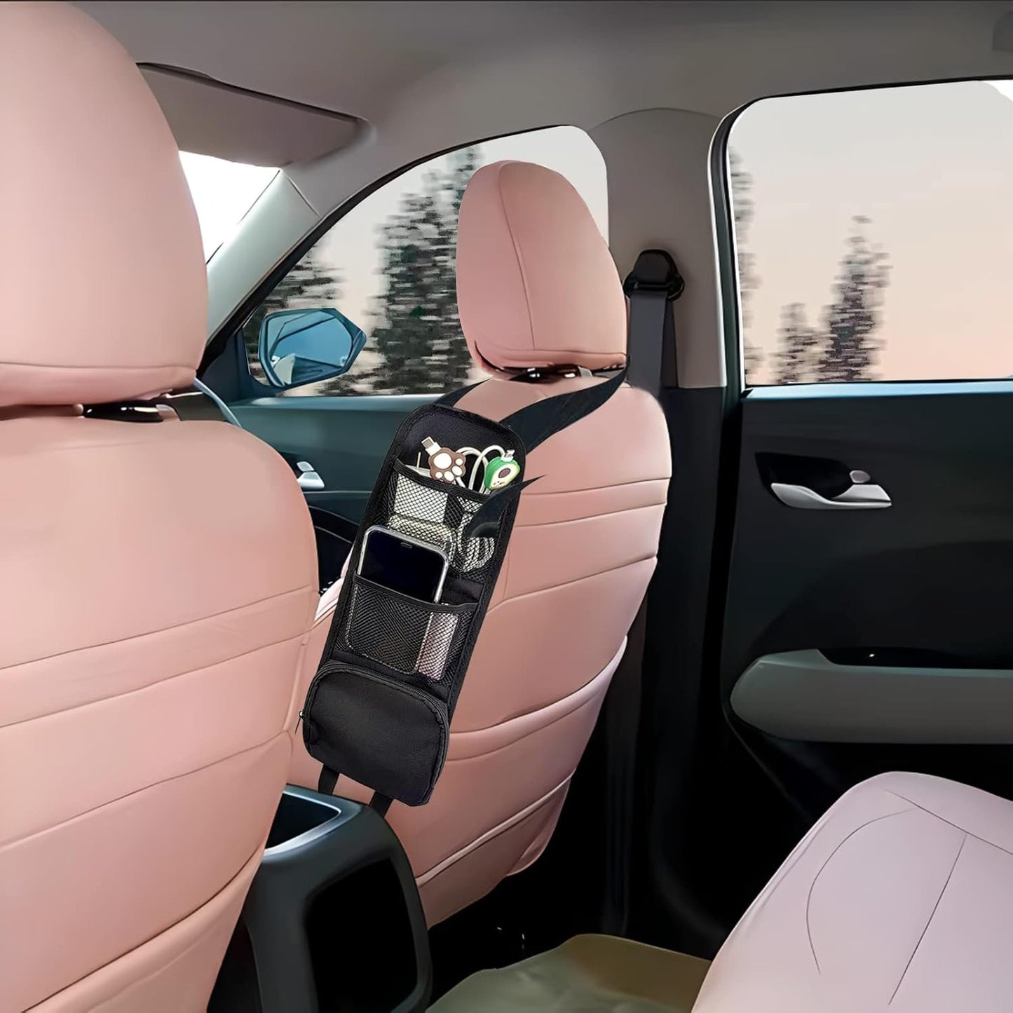 QUICTO 2PCS Car Seat Storage Hanging Bag, Multi-Pocket Side Organizer, Multifunctional Mesh Net Pocket, Can Hold Mobile Phone, Wallet, Glasses, Suitable for Cars, SUVs, Trucks Black