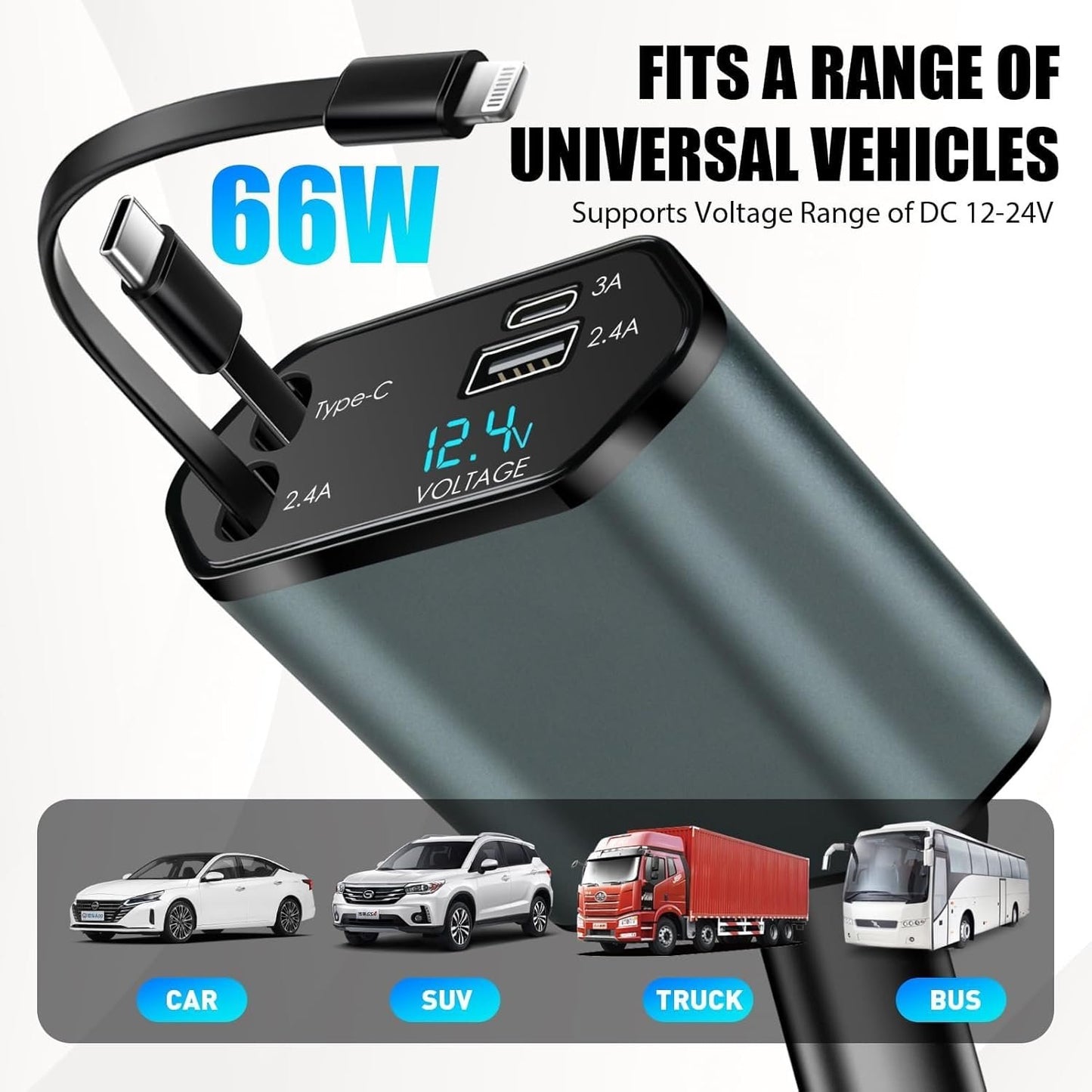 66W 4 in 1 Retractable Car Charger 12/24 V Adapter with Cables 60 cm for iPhone USB C, Cigarette Lighter Fast Charging for iPhone, Galaxy, Pixel, Huawei
