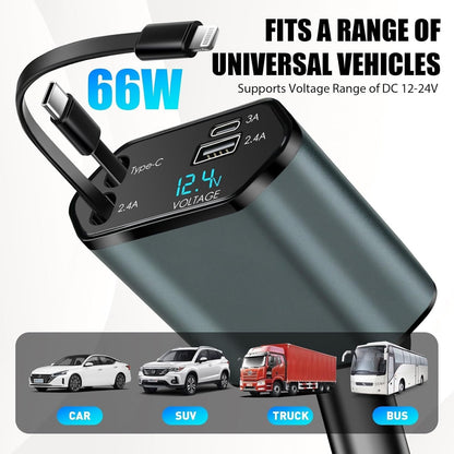 66W 4 in 1 Retractable Car Charger 12/24 V Adapter with Cables 60 cm for iPhone USB C, Cigarette Lighter Fast Charging for iPhone, Galaxy, Pixel, Huawei