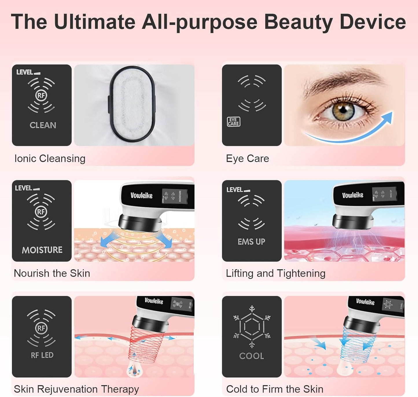 Microcurrent Facial Device, Vowleike 10 Key Benefits Skincare Face Massager with Stand, Rechargeable 6 in 1 Vibrating Facical Tool for Neck, Face and Body for Women, Ivory White