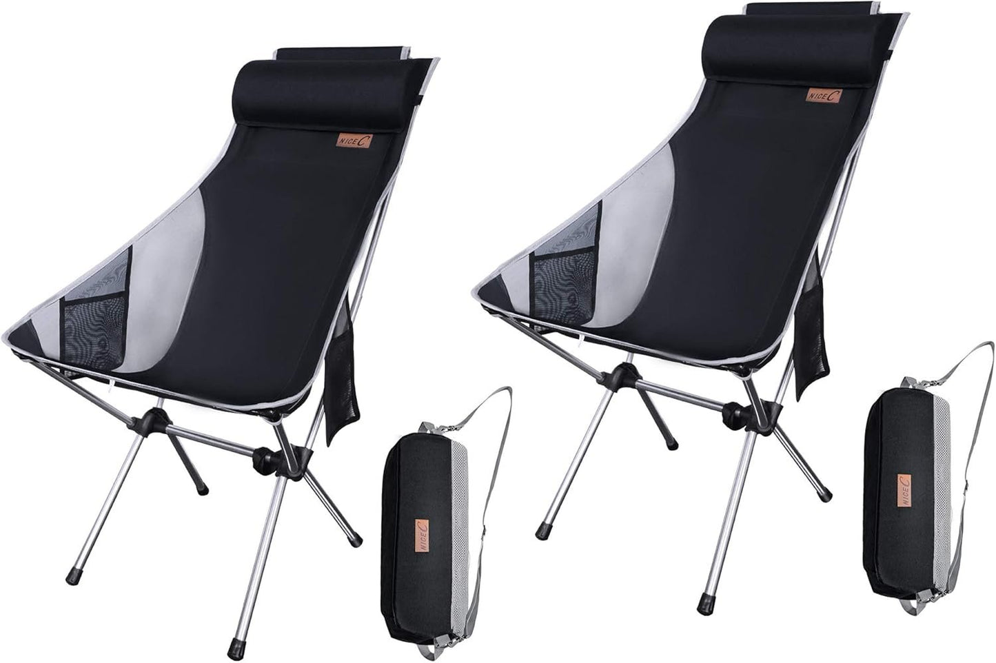 Nice C Camping Chair, Chaise Camping, Folding Chair High Back, Backpacking Chair, Compact & Heavy Duty Outdoor, Travel, Picnic, Festival with 2 Side Pockets, Pillow &Carry Bag (Set of 2 Dark)