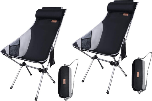Nice C Camping Chair, Chaise Camping, Folding Chair High Back, Backpacking Chair, Compact & Heavy Duty Outdoor, Travel, Picnic, Festival with 2 Side Pockets, Pillow &Carry Bag (Set of 2 Dark)