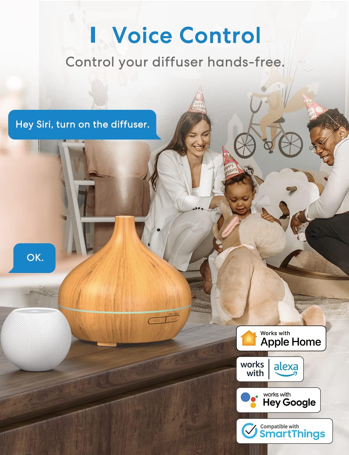 Meross Smart Ultrasonic Diffuser, WiFi Humidifier, Apple HomeKit Alexa Google Home SmartThings Supported, Diffuser for Home Bedroom, with LED Light, Voice/Remote Control, BPA-Free, Ultra Quiet