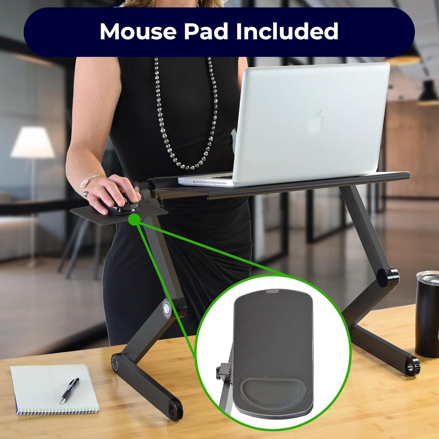 WorkEZ Cooling Adjustable Laptop Stand for Desk w/Fan USB Ports Mouse Pad Ergonomic Foldable Laptop Riser Portable Computer Stand Laptop Holder, Black
