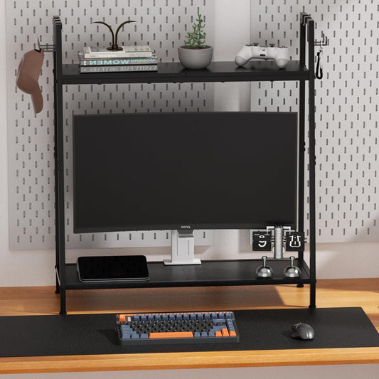 Desk Hutch with Monitor Stand Riser, 2 Tier Desk Shelf with Storage for Computer Monitor Stands, Adjustable Desk Organization Computer Storage Rack Ladder Bookshelf for Home Dormitory, Black