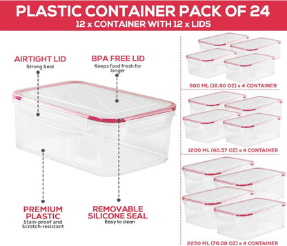 KICHLY 24 Pack Plastic Food Storage Container Set - Transparent BPA-Free Airtight Containers with Leak-Proof Lids for Meal Prep, Freezer, and Lunch Storage - Durable and Reusable (Red)