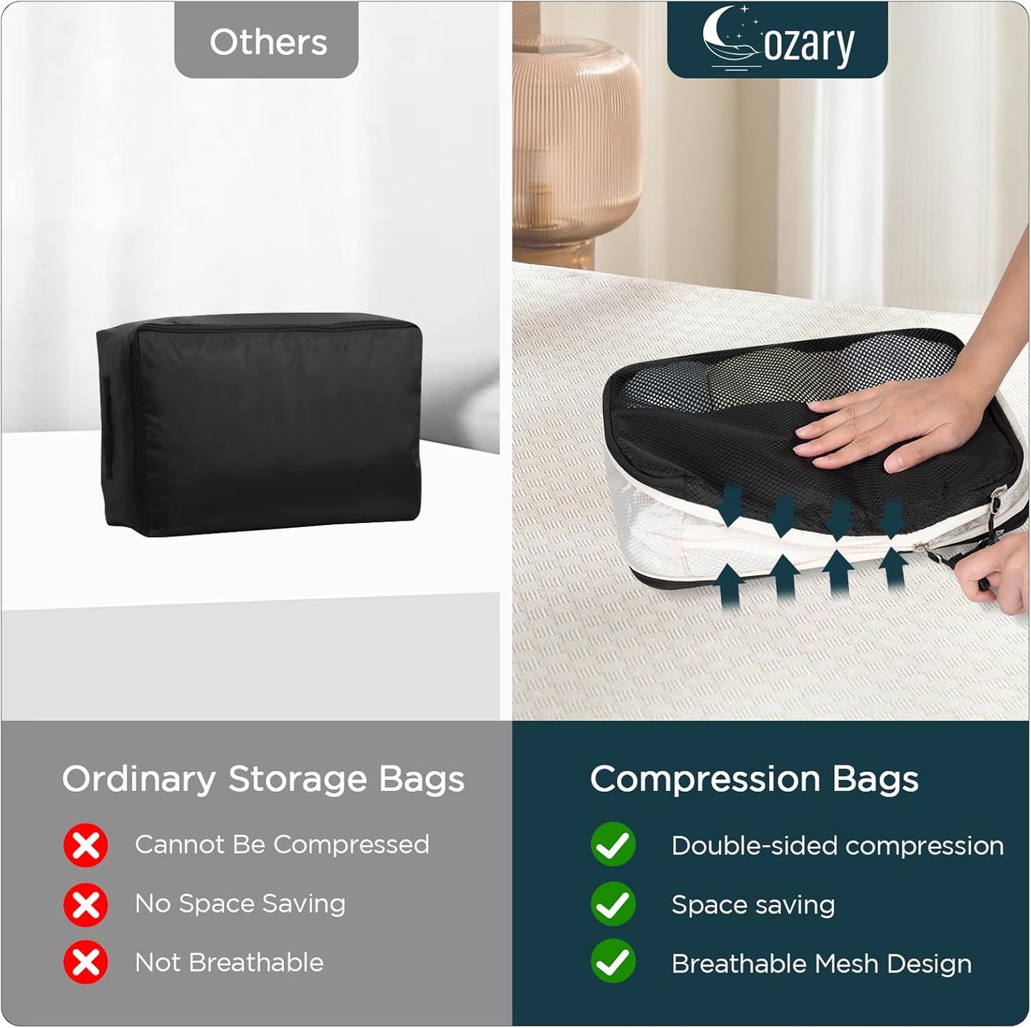 Cozary Set of 4 Double Sided Compression Bags, 3 Compression Cubes 1 Shoe Bag, Compression Packing Cubes Organizer Space-Saving Suitcase for Travel, Hiking and Cruises