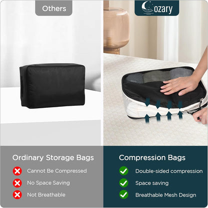 Cozary Set of 4 Double Sided Compression Bags, 3 Compression Cubes 1 Shoe Bag, Compression Packing Cubes Organizer Space-Saving Suitcase for Travel, Hiking and Cruises