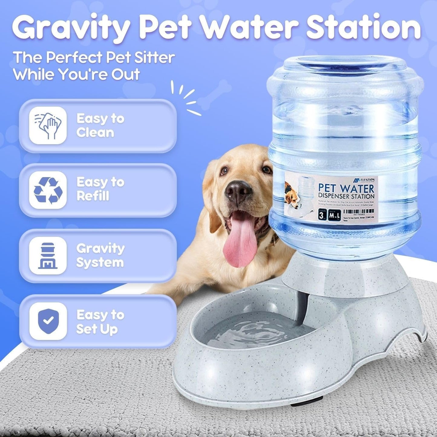 Flexzion Gravity Pet Water Dispenser Drinking Station for Dogs Cats (3 Gallon) Automatic Replenish Waterer for Small Large Breed Dog Cat Animal, Feeding Watering Fountain Supplies Bottle Dish Bowl
