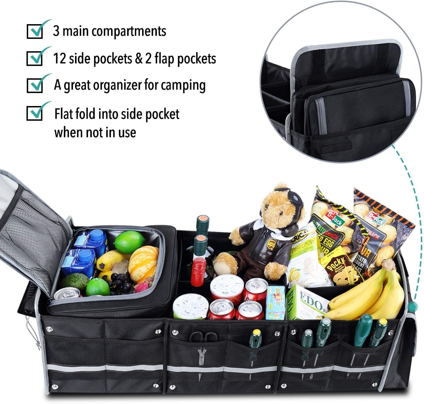 Versatile Car Trunk Organiser with Insulated Cooler Bag - Waterproof, Foldable Cover, Adjustable Straps - Ideal Car Accessories and Boot Organiser (Black, 4-in-1 w/Cooler)