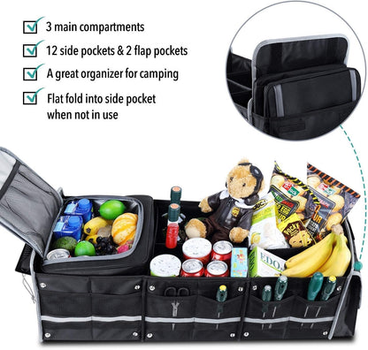 Versatile Car Trunk Organiser with Insulated Cooler Bag - Waterproof, Foldable Cover, Adjustable Straps - Ideal Car Accessories and Boot Organiser (Black, 4-in-1 w/Cooler)