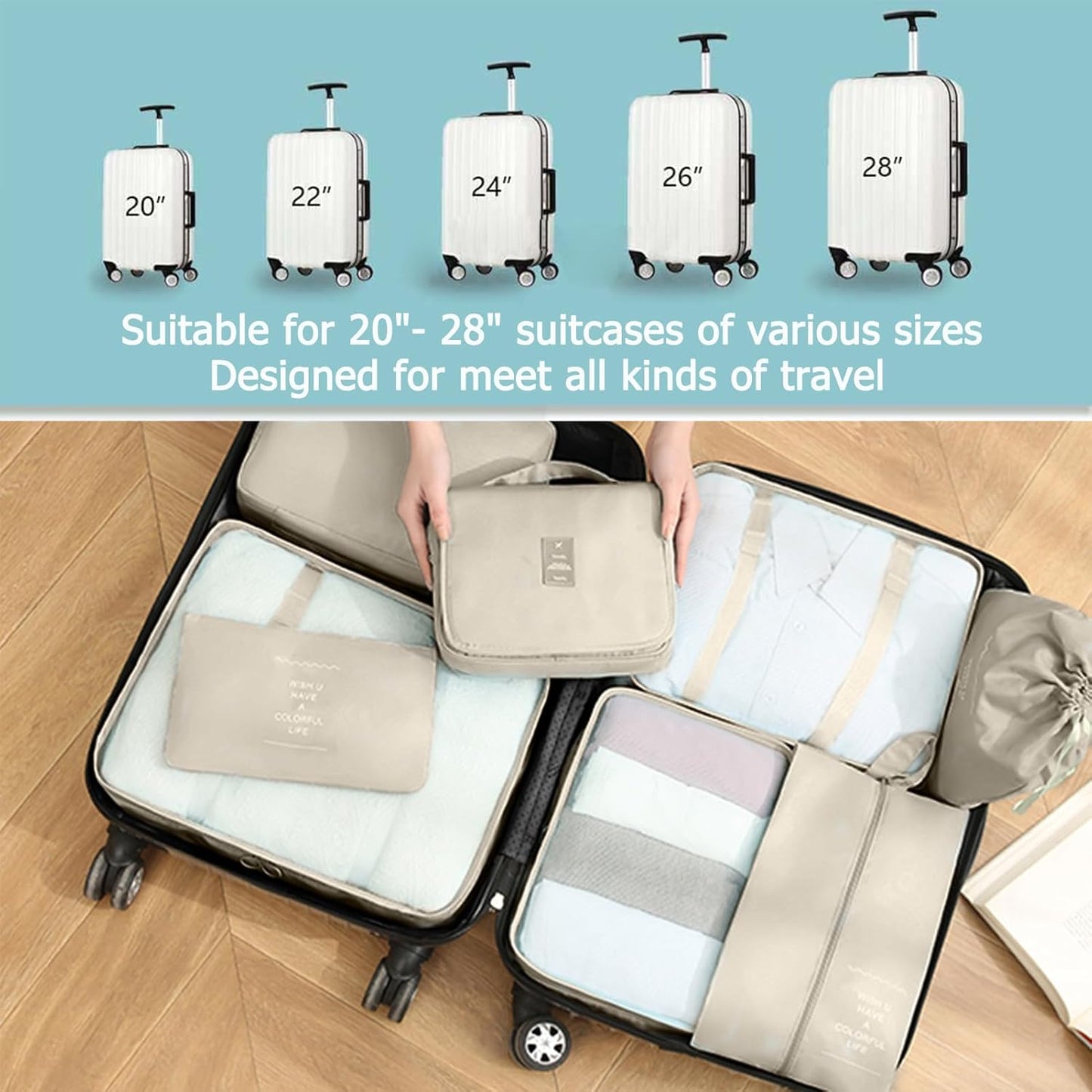 Suitcase Organizer, 11 Pieces Waterproof Packing Cube Set, Separators Bags Travel Travel Organizer with 3 Liquid Travel Containers, for Clothing Underwear Footwear Sacks – Beige