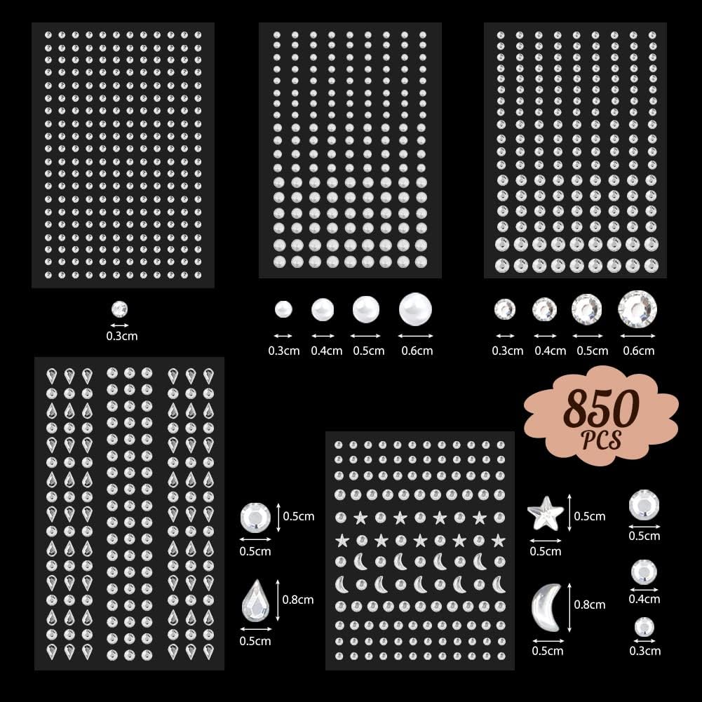 850 Pieces Self Adhesive Rhinestone Gems, Temporary Tattoos Gems Crystals Stickers Make Up for Face Body Eyes, Rhinestone Sticker Festival Accessories Nail Art Decorations (Silver)