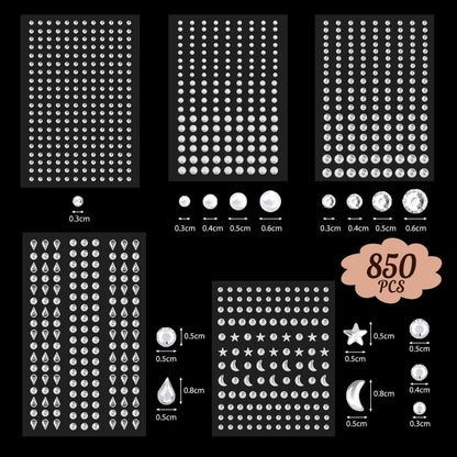 850 Pieces Self Adhesive Rhinestone Gems, Temporary Tattoos Gems Crystals Stickers Make Up for Face Body Eyes, Rhinestone Sticker Festival Accessories Nail Art Decorations (Silver)
