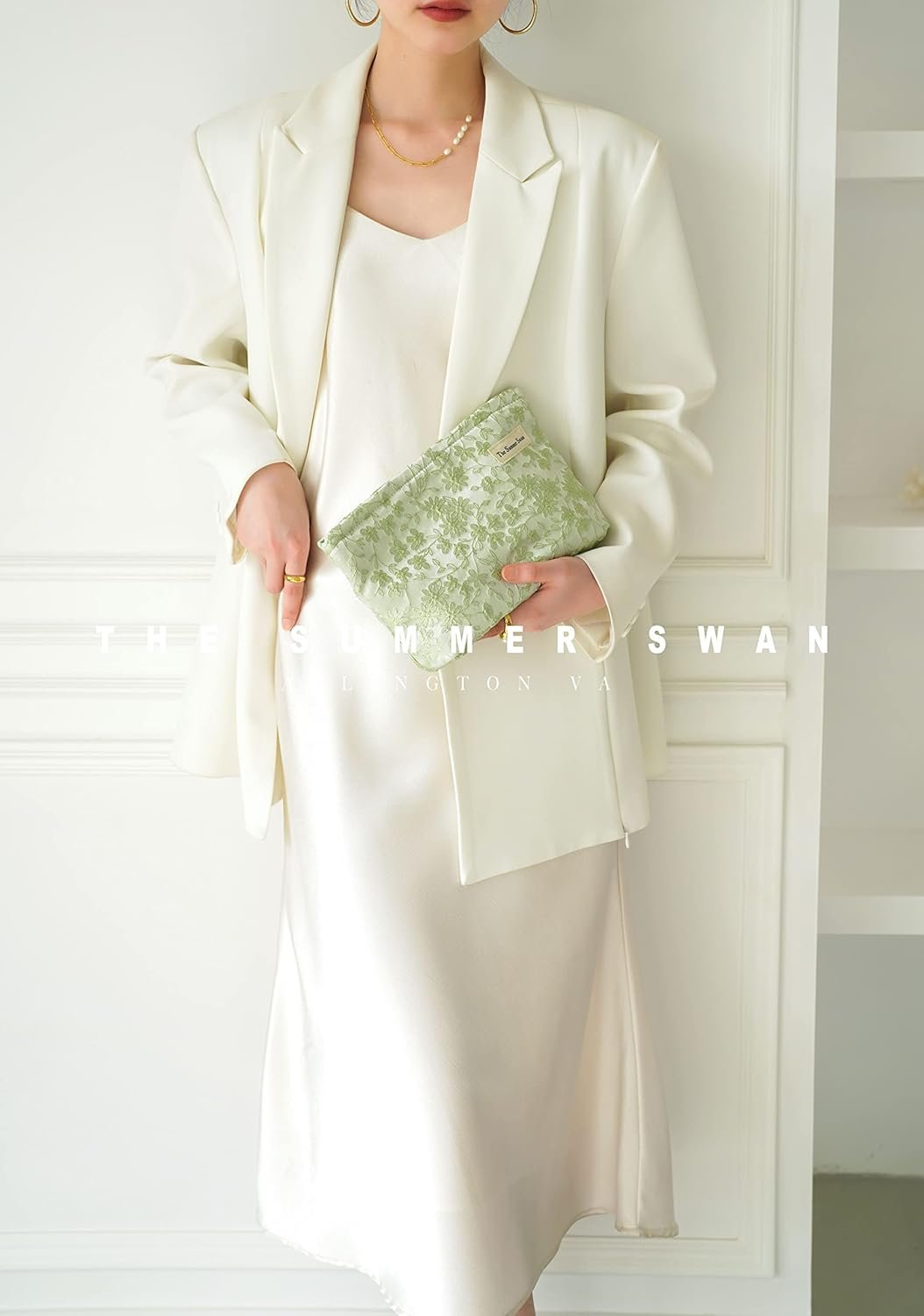 The Summer Swan | Large Aesthetic Floral Makeup Bag | Mid-day Clutch | Period Kit | Hygiene | Skincare | Embroidery Green Fabric Cosmetic Bag With Zipper