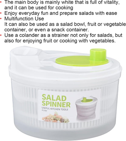 Salad Spinner, Large 3L Fruits and Vegetables Dryer Vegetable Washer Dryer Plastic Salad Drainer with Bowl Colander for Kitchen Faster Food Prep,