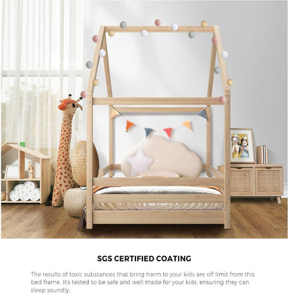 OIKITURE Single Bed Frame Day Beds, Wood Montessori Baby Toddler Kids Toddler Loft Floor Daybed Platform, Wooden Timber Frames Base for Bedroom Room Decor Home Furniture
