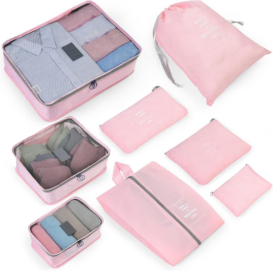OTraki 8 Piece Suitcase Organizer, Space-Saving Travel Makeup Bag, Washable Travel Set (Pink)