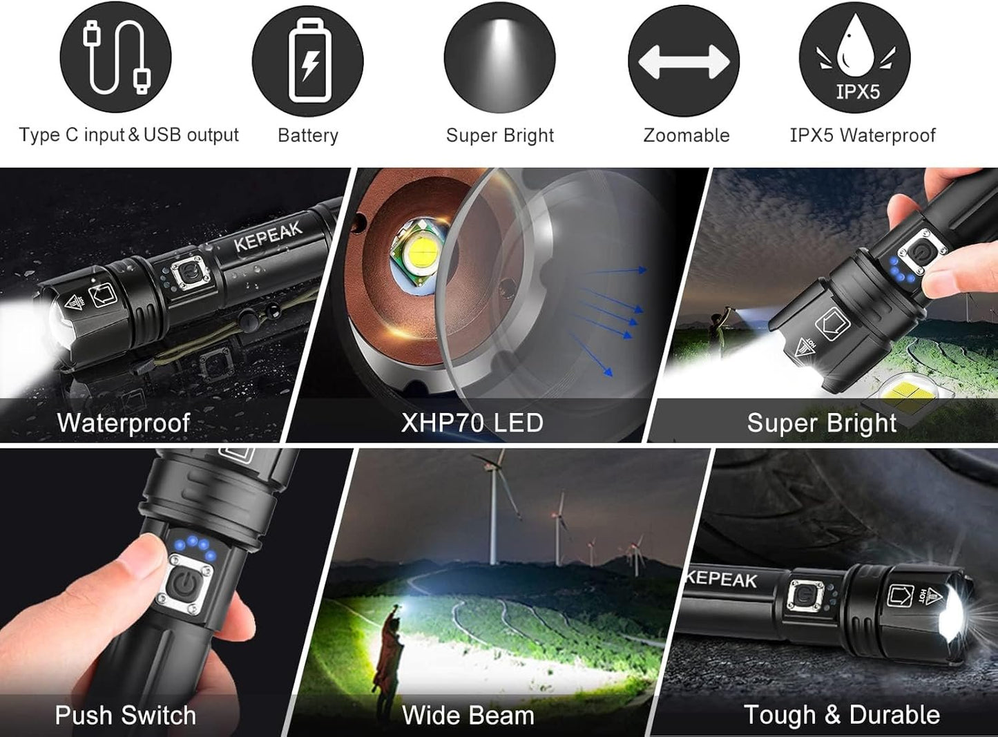 KEPEAK Flashlight, Rechargeable Flashlights High Lumens, 9000 Lumens Super Bright LED Flash Light, Powerful, Zoomable, Tactical Flashlight for Camping, Emergency