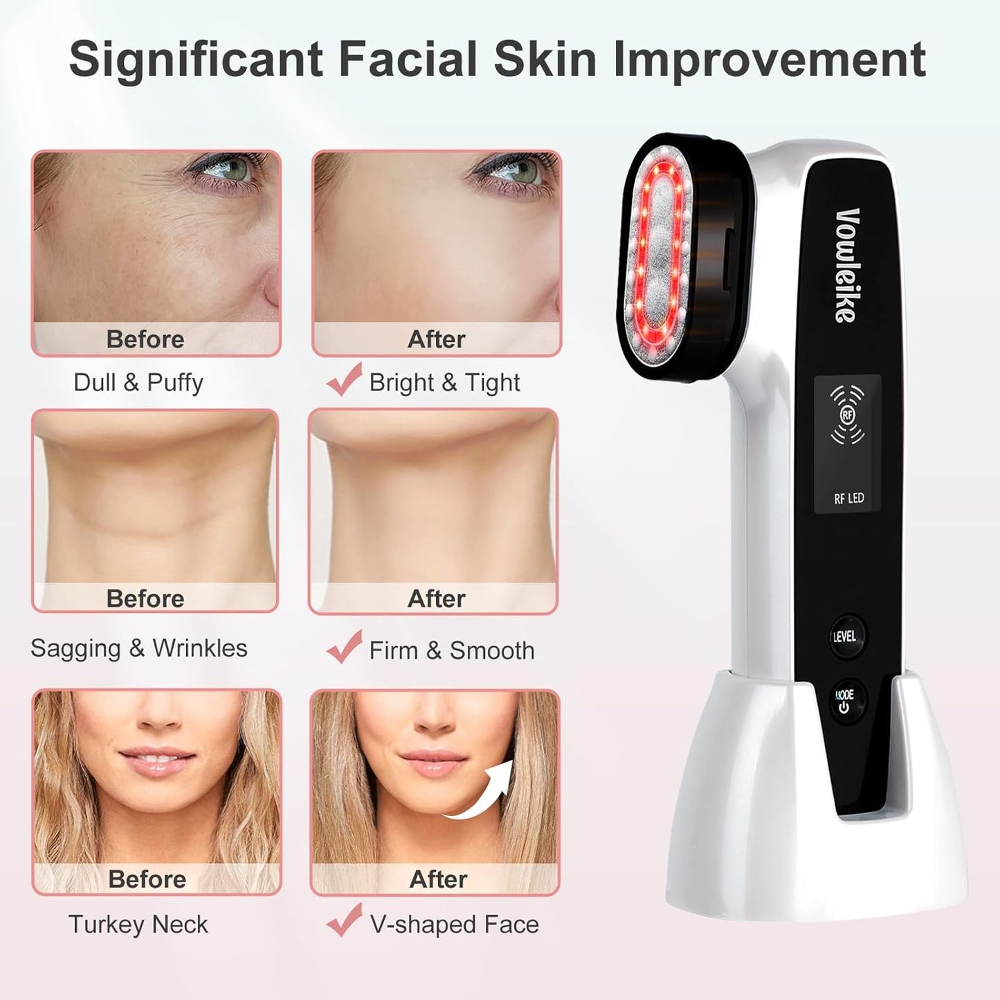 Microcurrent Facial Device, Vowleike 10 Key Benefits Skincare Face Massager with Stand, Rechargeable 6 in 1 Vibrating Facical Tool for Neck, Face and Body for Women, Ivory White