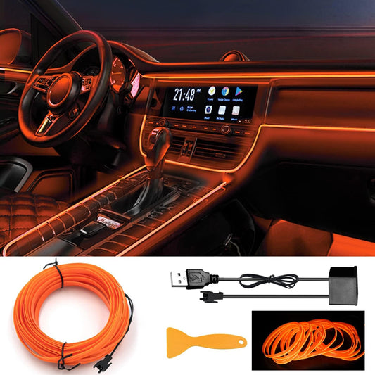 EL Wire Car LED Interior Lights Strip USB Neon Wire Lights 197 inch 6mm Sewing Edge Glowing EL Wire Lights for Car Ambient Lighting Kit 5M/16.5ft Car Decorations LED Lights for Car Interior (Orange)