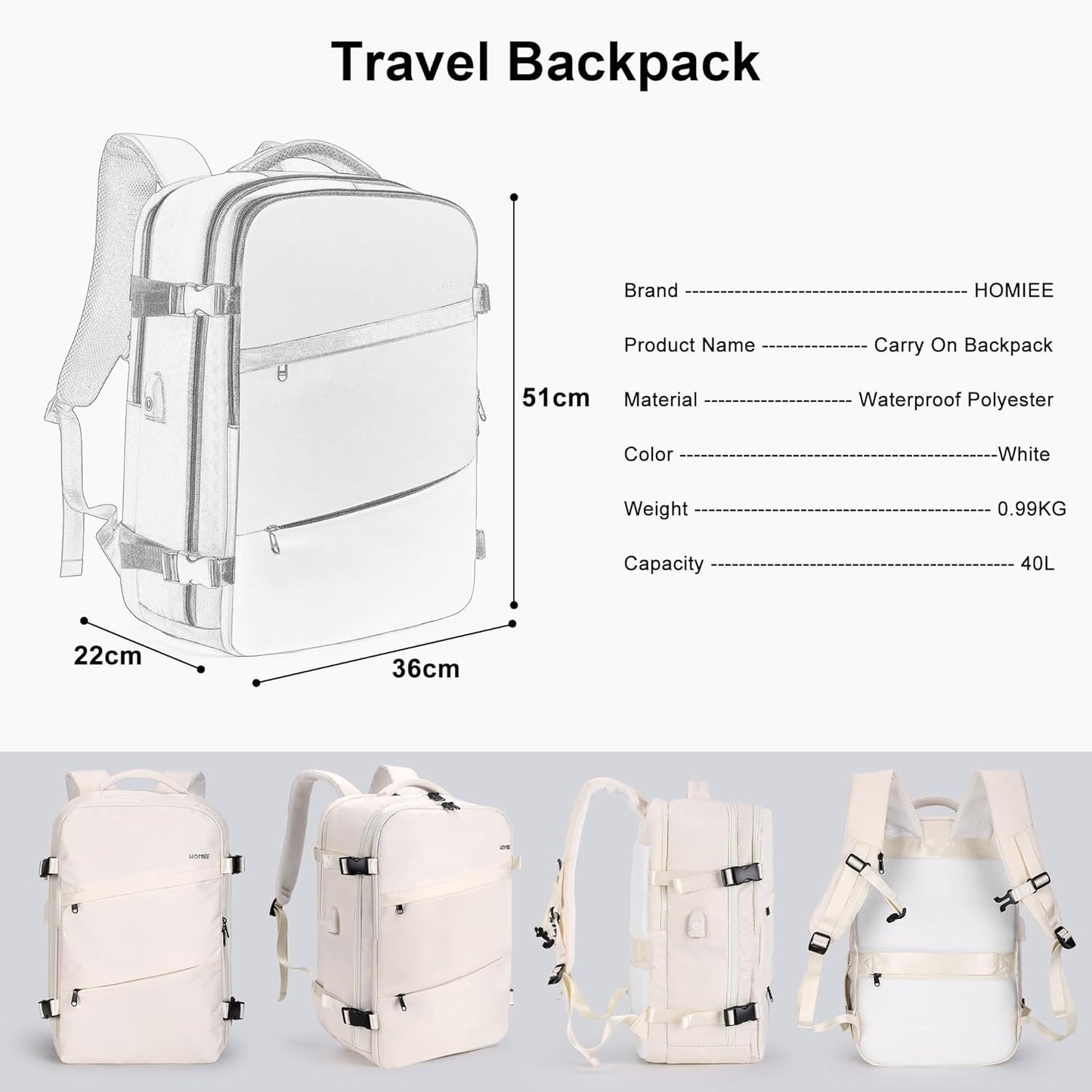 HOMIEE 40L Travel Laptop Backpack, Flight Approved Carry-On 17" Laptop Backpack, Travel Luggage Backpack with Charging Port (White Extra Large)