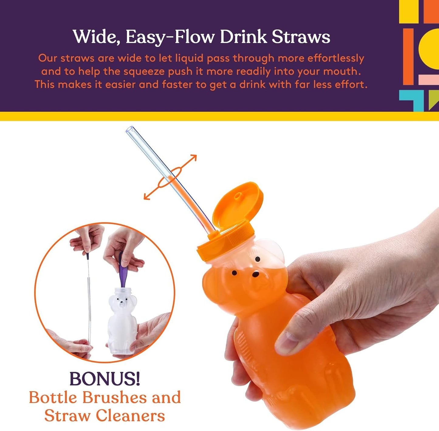Special Supplies Honey Bear Straw Cup Long Straws, Squeezable Therapy and Special Needs Assistive Drink Container, Spill Proof and Leak Resistant Lid (Pack of 1 Bottle and 3 Straws)
