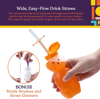 Special Supplies Honey Bear Straw Cup Long Straws, Squeezable Therapy and Special Needs Assistive Drink Container, Spill Proof and Leak Resistant Lid (Pack of 1 Bottle and 3 Straws)