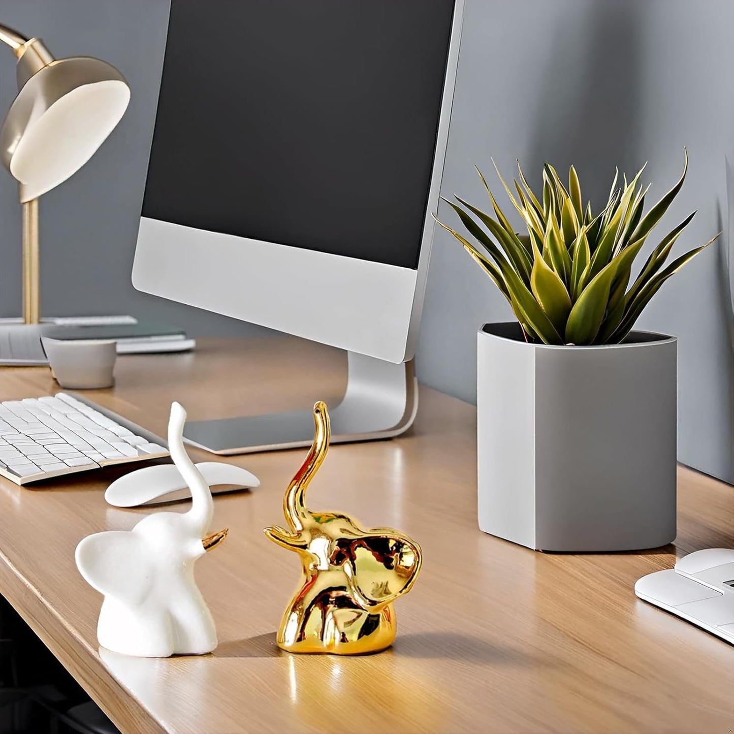 BIHOIB Home Decor Elephant Statues,1 Pair, Small Decorative Accents for Shelves, Livingroom and Bedroom, Gold and White
