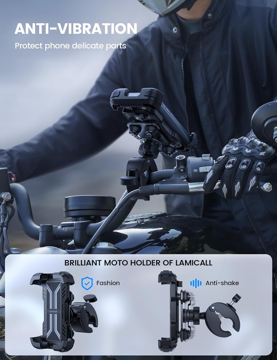 Lamicall Anti-Vibration Motorcycle Phone Holder – [Dual Shock Absorber] 360° Rotation, Universal Handlebar Mount Mobile Phone Bicycle for iPhone 16 15 14 13 12 Series, Xiaomi, 4.7-6.8 Inch Smartphones