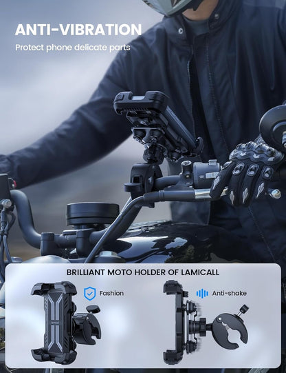 Lamicall Anti-Vibration Motorcycle Phone Holder – [Dual Shock Absorber] 360° Rotation, Universal Handlebar Mount Mobile Phone Bicycle for iPhone 16 15 14 13 12 Series, Xiaomi, 4.7-6.8 Inch Smartphones