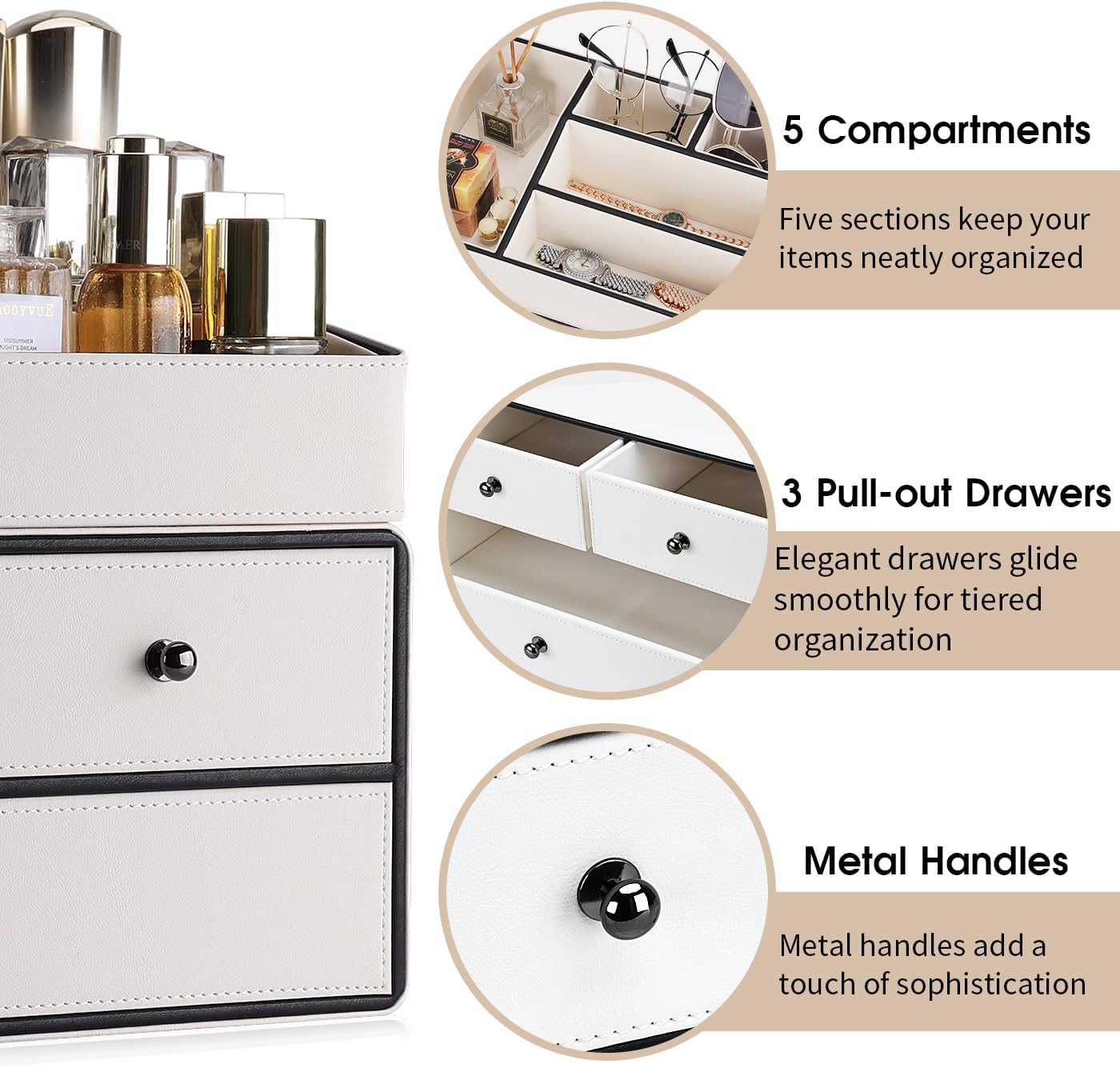 GORESE Cosmetic Organizer, 2 Shelves 3 Drawers Leather Makeup Organizer Make Up Makeup Holder Desk Organizer Bathroom Organizer for Bedroom, Bathroom, Dressing Table(White)