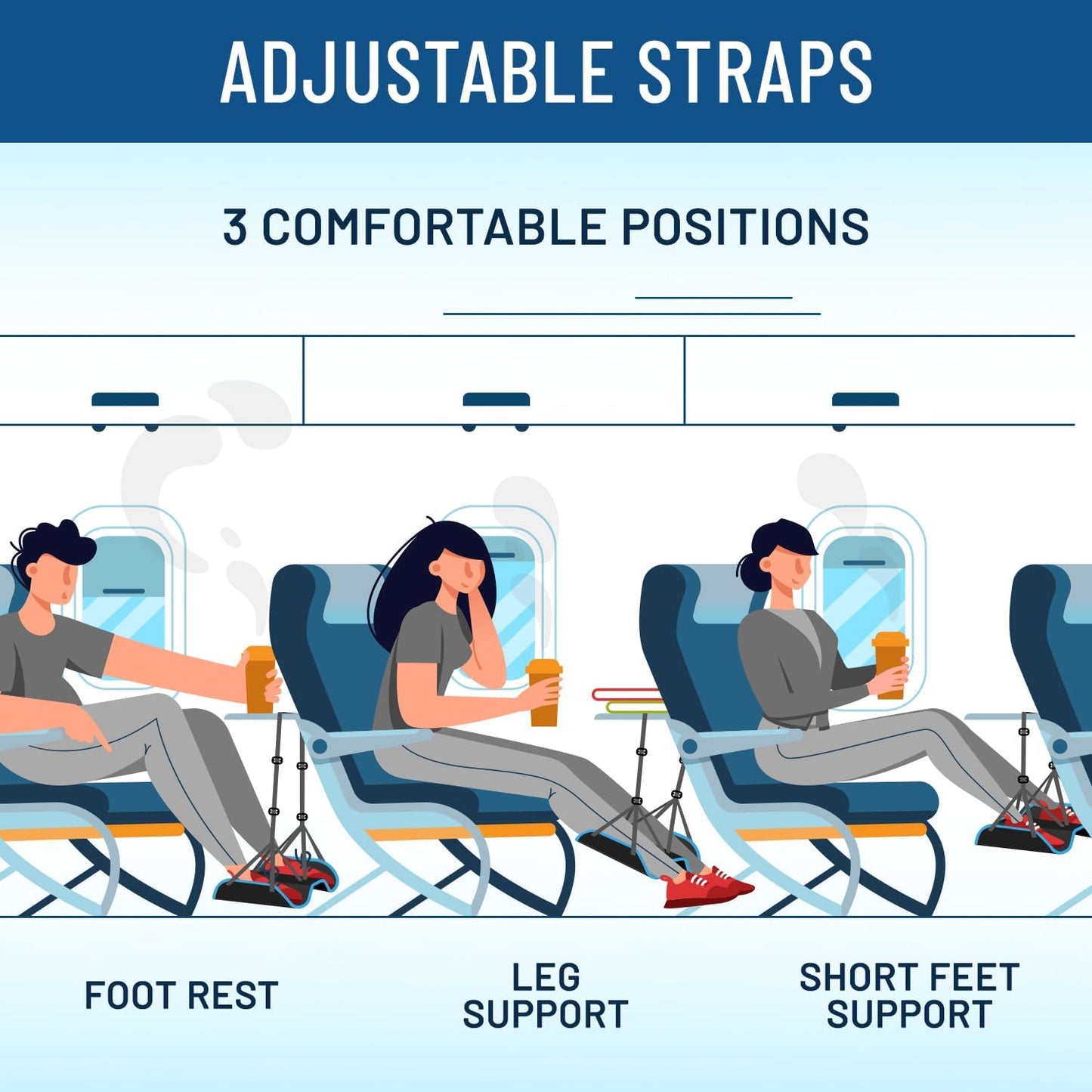 Everlasting Comfort Airplane Footrest - Ergonomic Adjustable Foot and Heel Hammock - Memory Foam Portable Air Plane Flying Travel Foot Rest - Long Airplane Flight Accessories for Feet (Black)