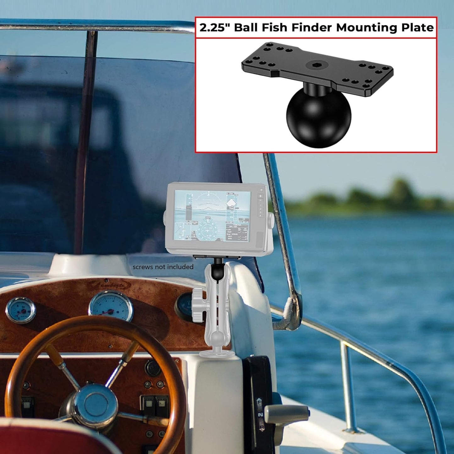 VAZESWIN 2.25" Ball Large Fish Finder Mount, Aluminum Alloy Universal Marine Electronic Mounting Plate for Garmin, Lowrance and More, Compatible with RAM Mounts D Size 2.25" Ball Double Socket Arm