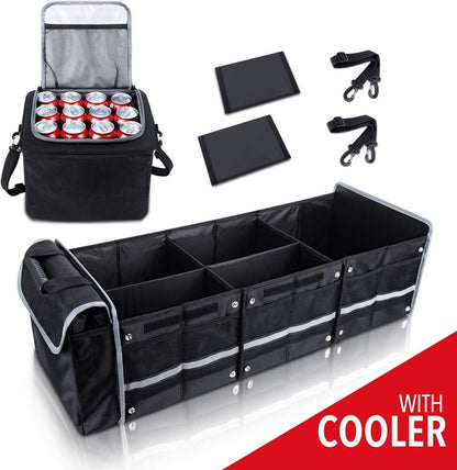 Versatile Car Trunk Organiser with Insulated Cooler Bag - Waterproof, Foldable Cover, Adjustable Straps - Ideal Car Accessories and Boot Organiser (Black, 4-in-1 w/Cooler)