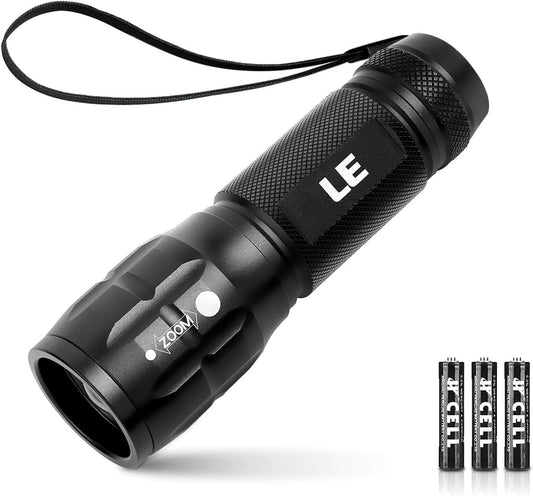 LE LED Torch, Super Bright Battery Powered Flashlight with Adjustable Focus, Waterproof, Handheld Tactical Mini Torches, Lightweight Flashlight for Emergency,Running, 3 AAA Batteries Included