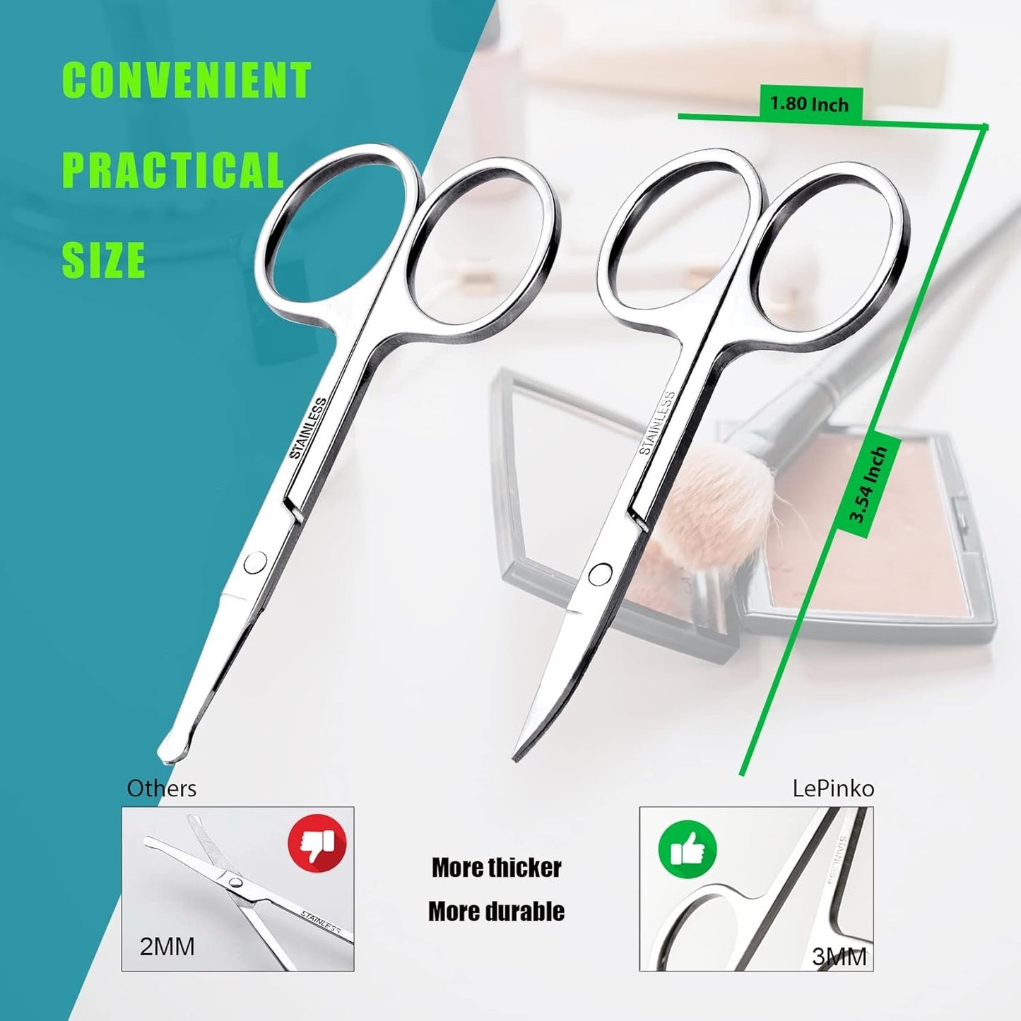 Facial Hair Small Grooming Scissors for Men Women - Eyebrow Hair Trimming Kit - Curved and Rounded Tip for Hair Cutting - 2PCS Silver