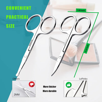 Facial Hair Small Grooming Scissors for Men Women - Eyebrow Hair Trimming Kit - Curved and Rounded Tip for Hair Cutting - 2PCS Silver