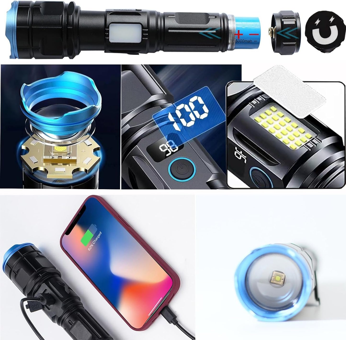 GIIGOEMY Rechargeable High Brightness 10000 Lumens Super Bright LED Tactical Flashlight with White + Red Side Light Flash Function, Tail Cap with Magnet, High Power
