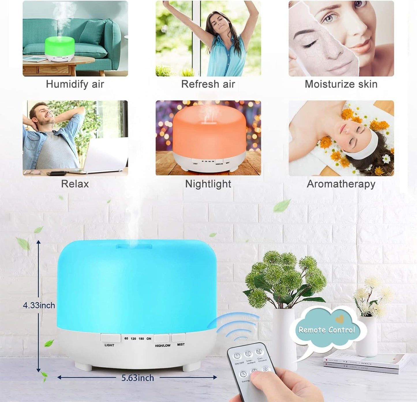 Husdow Essential Oil Ultrasonic Aromatherapy Diffuser with Remote Control 500ml Waterless Auto Shut-Off Humidifier Diffuser with 4 Timer and Changing Light for Home Yoga Office Kitchen Bedroom