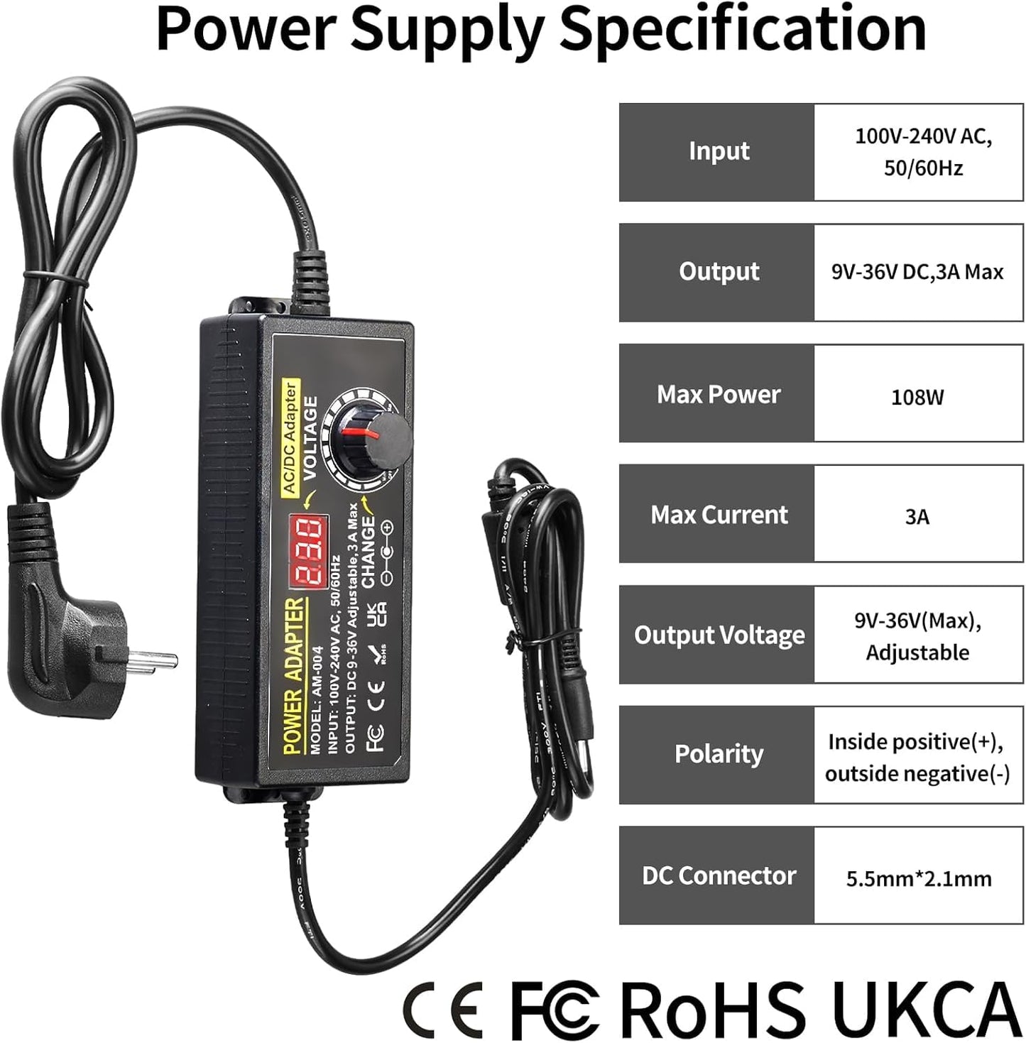 3A 108W Adjustable Power Supply, 9V-36V Universal Adjustable 100V-240V AC to DC Power Adapter with 14 Tips and Polarity Cable for Home Electronics, LED Strips