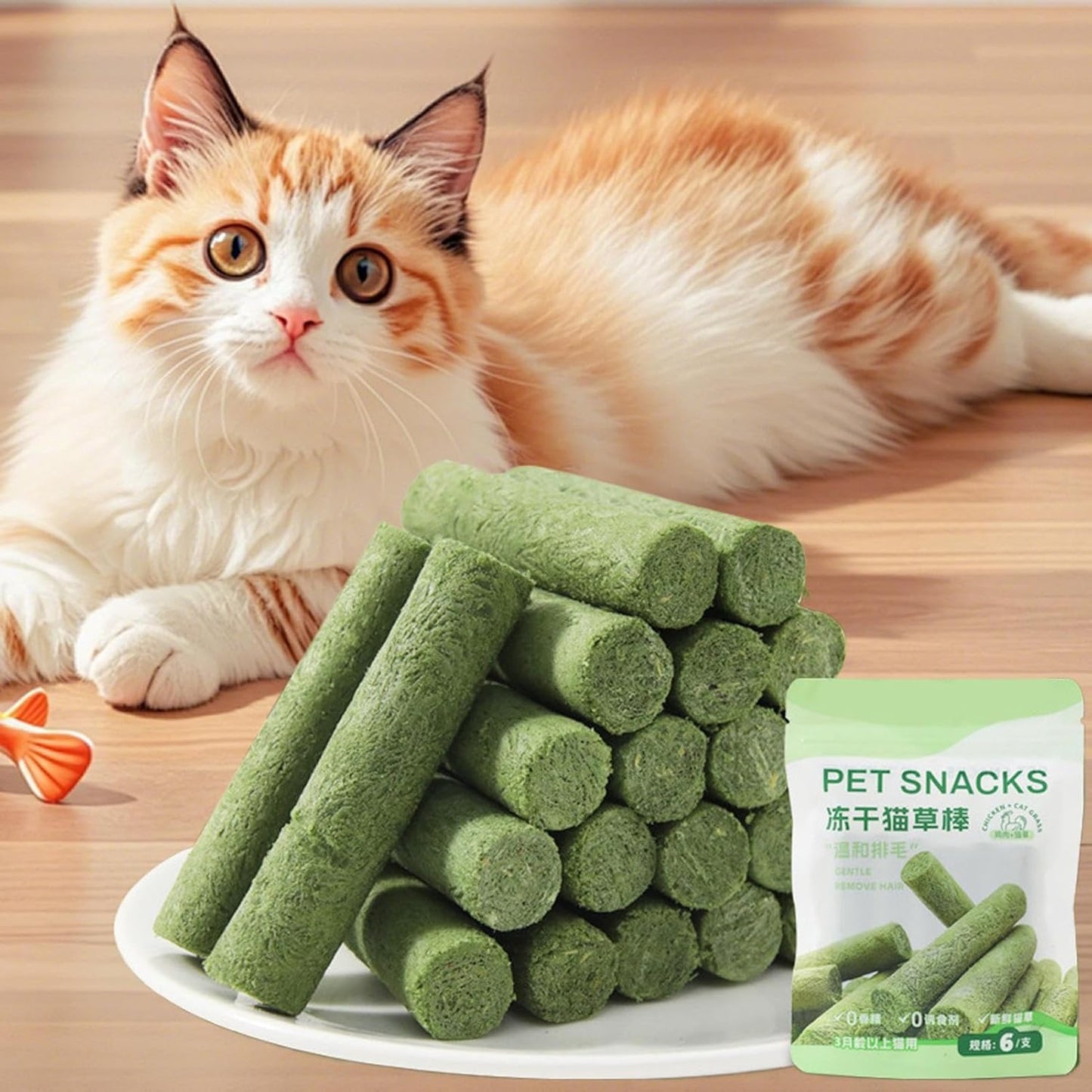 Feline Grass Treats - Hairball Removal Treats | Dried Chicken Cat Grass Sticks for Teething Oral Care and Teeth Cleaning Appetite Boosting Indoor Kittens and Adults