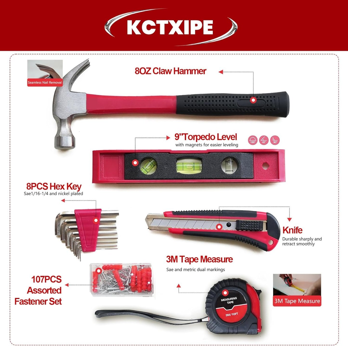 KCTXIPE Portable Household Tool Kit for Women & Beginners - 12" Starter Tool Set with Durable Bag, Ideal for Home, Apartment, Dorm, Office, and DIY Projects