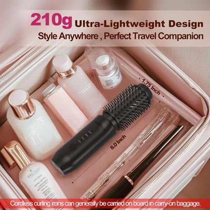 Cordless Hair Curling Iron Brush, Mini Travel Hot Straightener Comb, 3-in-1 Portable Wave Curling Wand, 1.5″ Ionic Heated Brush, USB Rechargeable Hair Curler, Black