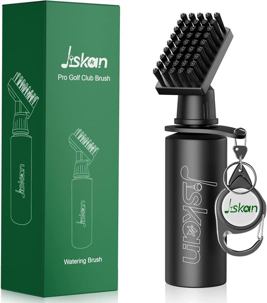 Jiskan Pro Golf Club Brush Cleaner With Retainer Clip and Squeeze Water Bottle - 7.5 Inches, 4 Ounces - Essential Accessories and Gifts for Men