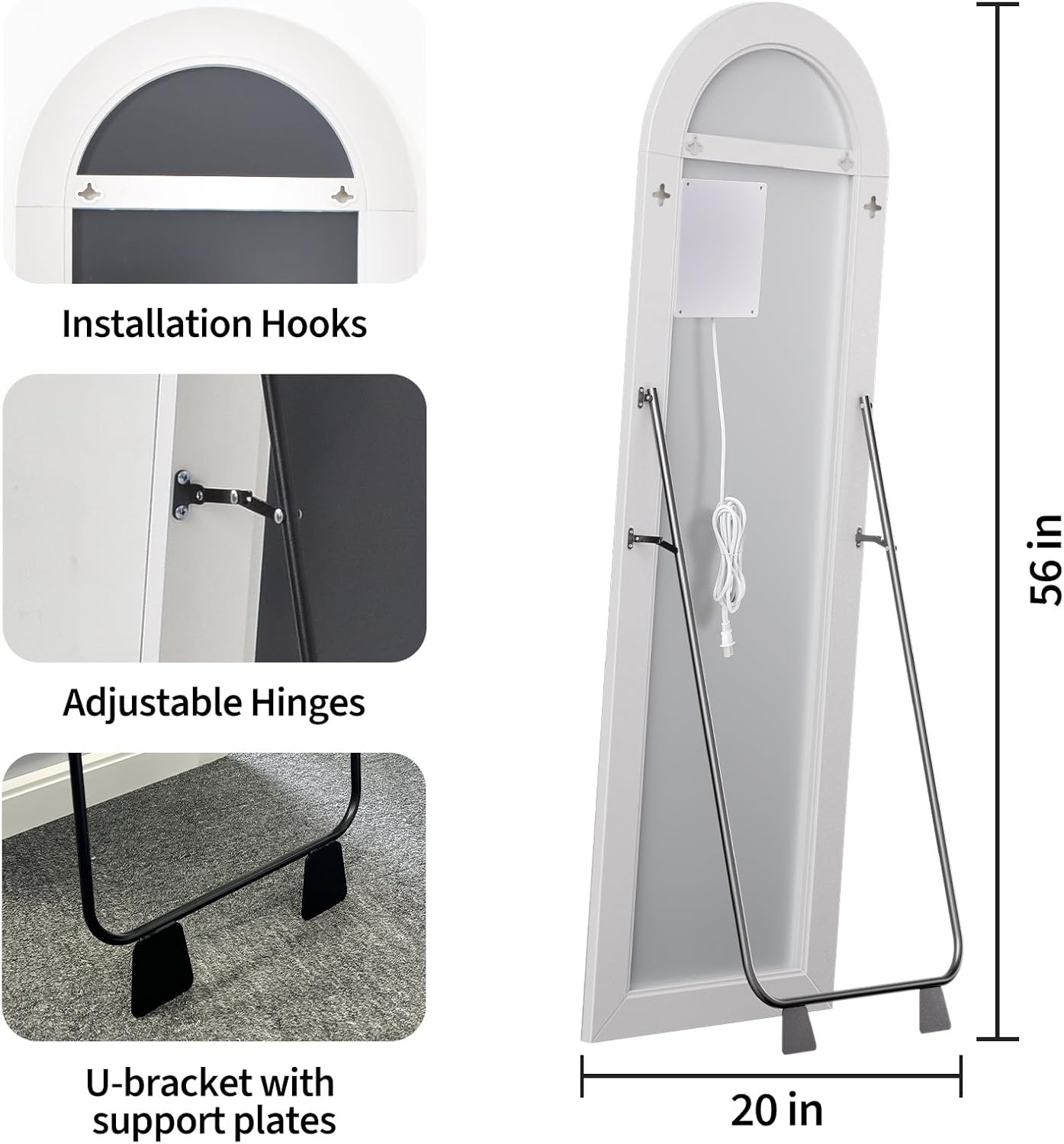 Koonmi Arched LED Full Length Mirror 20" x 56" Wall Mounted/Standing Full Body Mirror with Dimmable & 3 Color Lighting, Aluminum Alloy Frame, Tempered Glass, Safe to Use, for Bedroom/Cloakroom