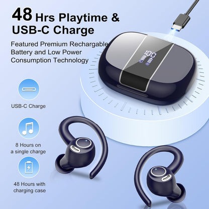 Wireless Earbuds, Bluetooth 5.3 Headphones Sport, Bluetooth Earbuds with ENC Mic, HiFi Stereo Wireless Earphones, 48H Dual LED Display, IP7 Waterproof Ear Buds with Earhook for Running Deep Blue