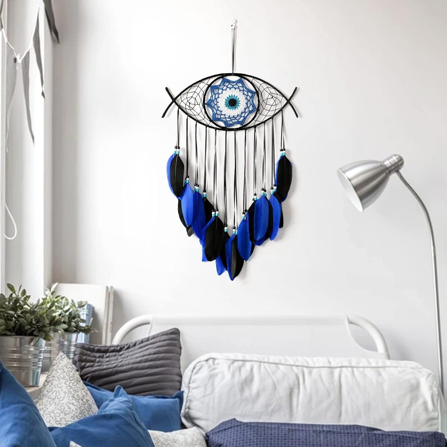 Dremisland Evil Eye Dream Catcher-Blue Black Dream Catchers Handmade Feather Evil Eye Wall Hanging Ornament Home Decor for Bedroom Livingroom Yard, Blessing Craft Gift Bring Good Luck (Blue-Black)