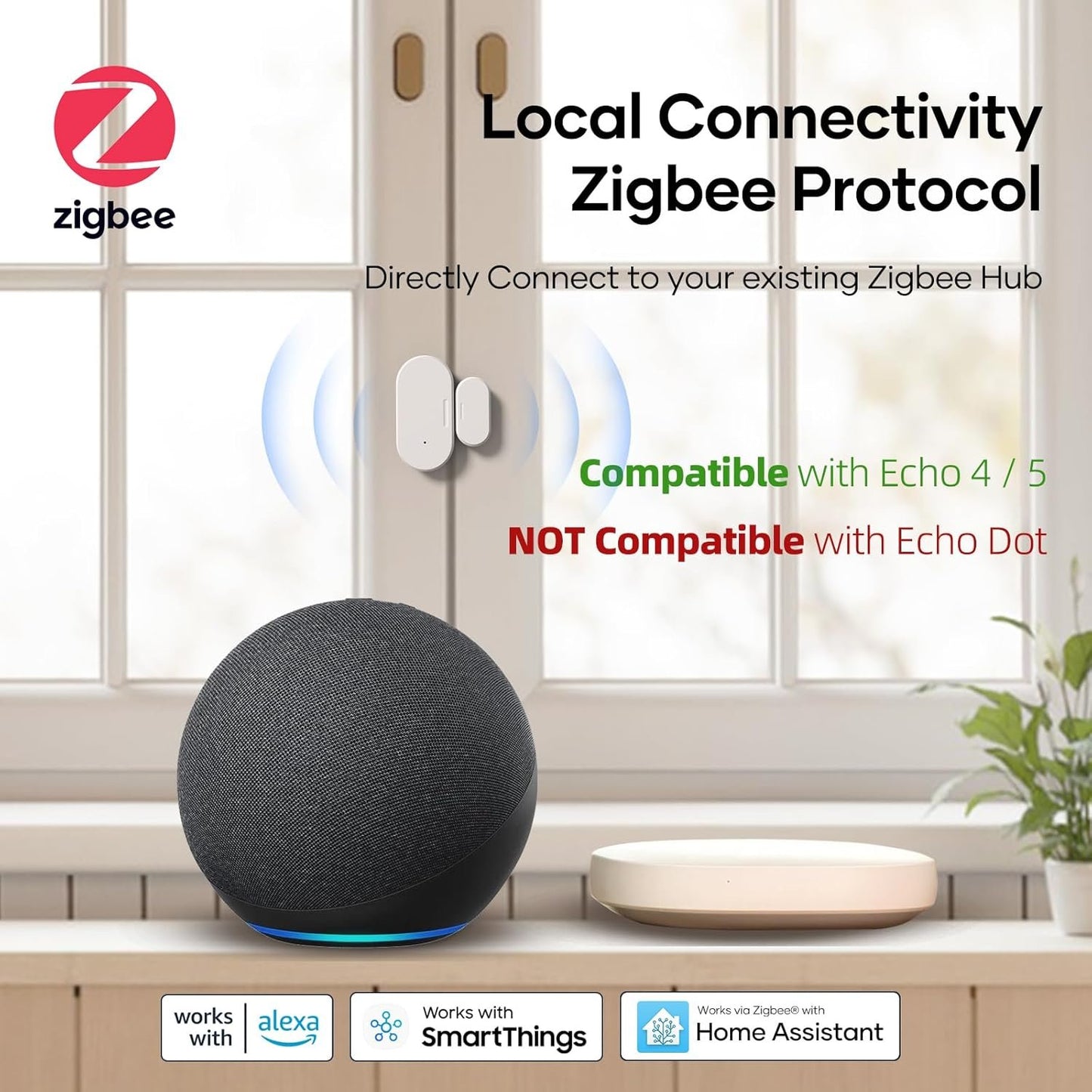 OUVOPO Zigbee Contact Sensor 4 Pack, Mini Smart Door Sensor, Home Automation, Kid Safety, Burglar Alert, Work with Alexa, SmartThings, Home Assistant, Aeotec, Hubitat, Homey with Build-in Zigbee Hub